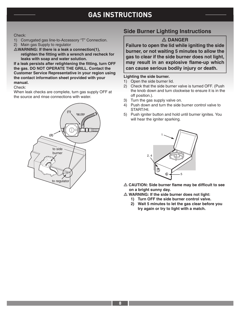 Gas instructions, Side burner lighting instructions | weber 42377 User Manual | Page 8 / 10