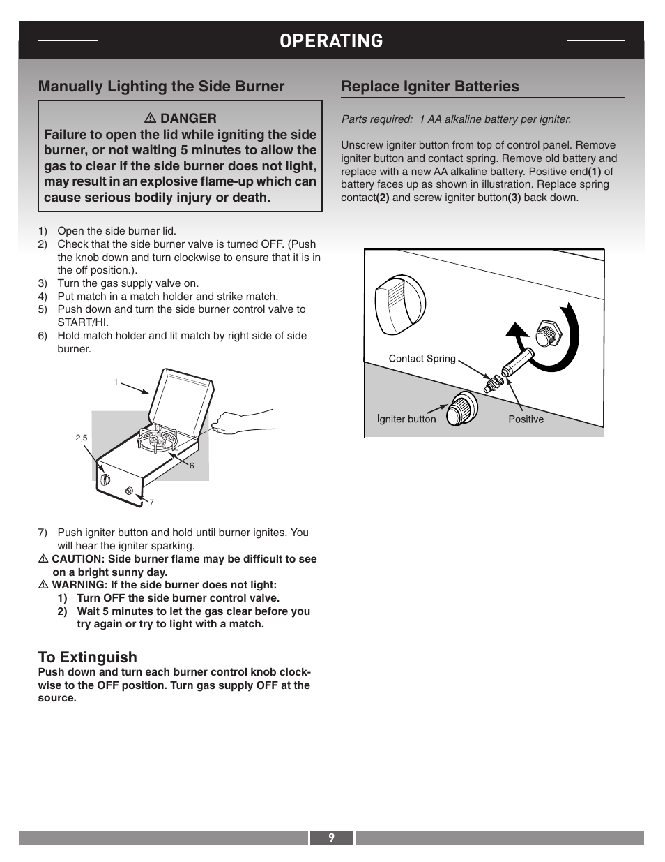 Operating, Manually lighting the side burner, Replace igniter batteries | weber 42377 User Manual | Page 9 / 10