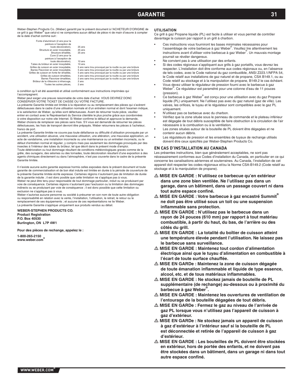 Garantie, En cas d’installation au canada | weber 89796 User Manual | Page 31 / 44