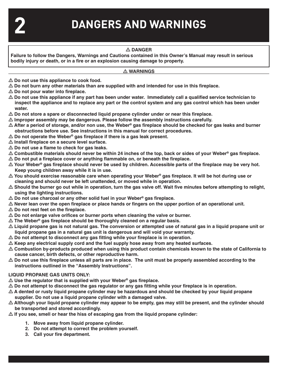 Dangers and warnings | weber 43028 User Manual | Page 2 / 20