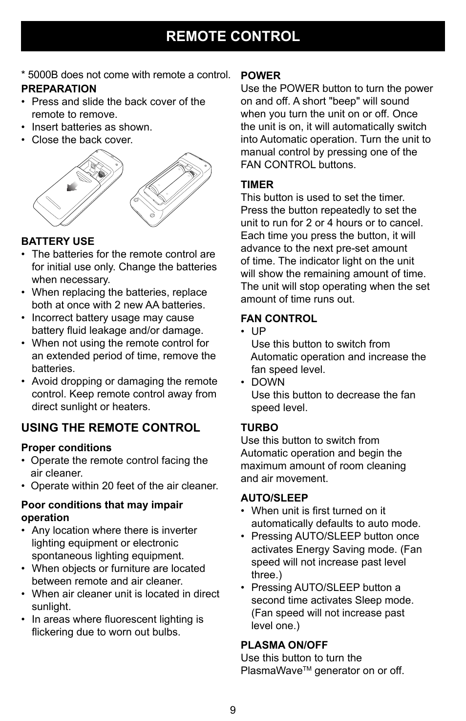 Remote control | Winix Air Cleaner User Manual | Page 10 / 28
