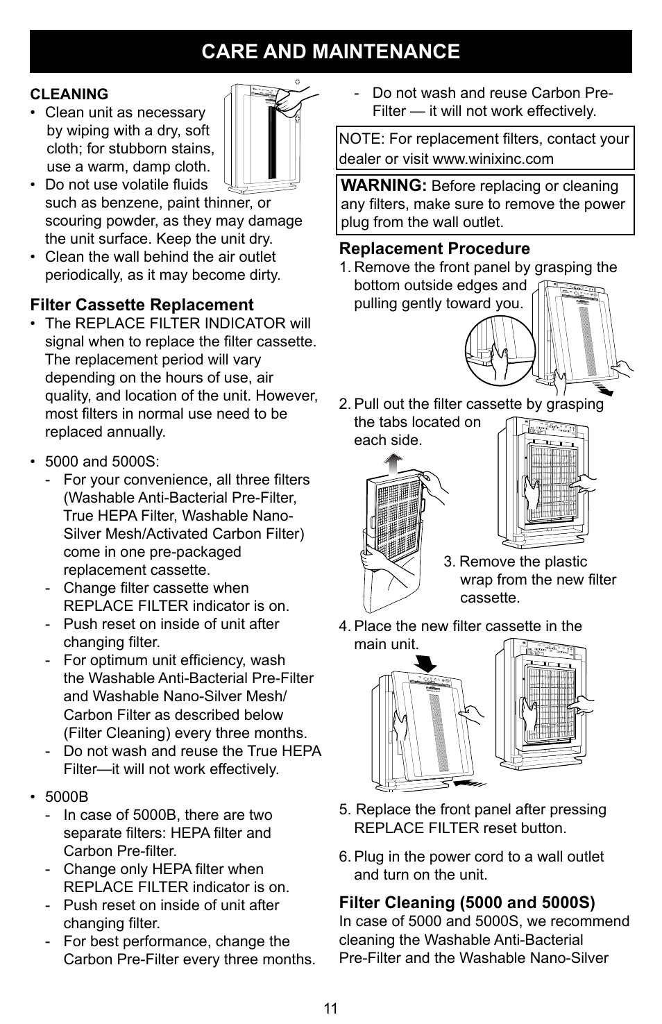 Care and maintenance | Winix Air Cleaner User Manual | Page 12 / 28