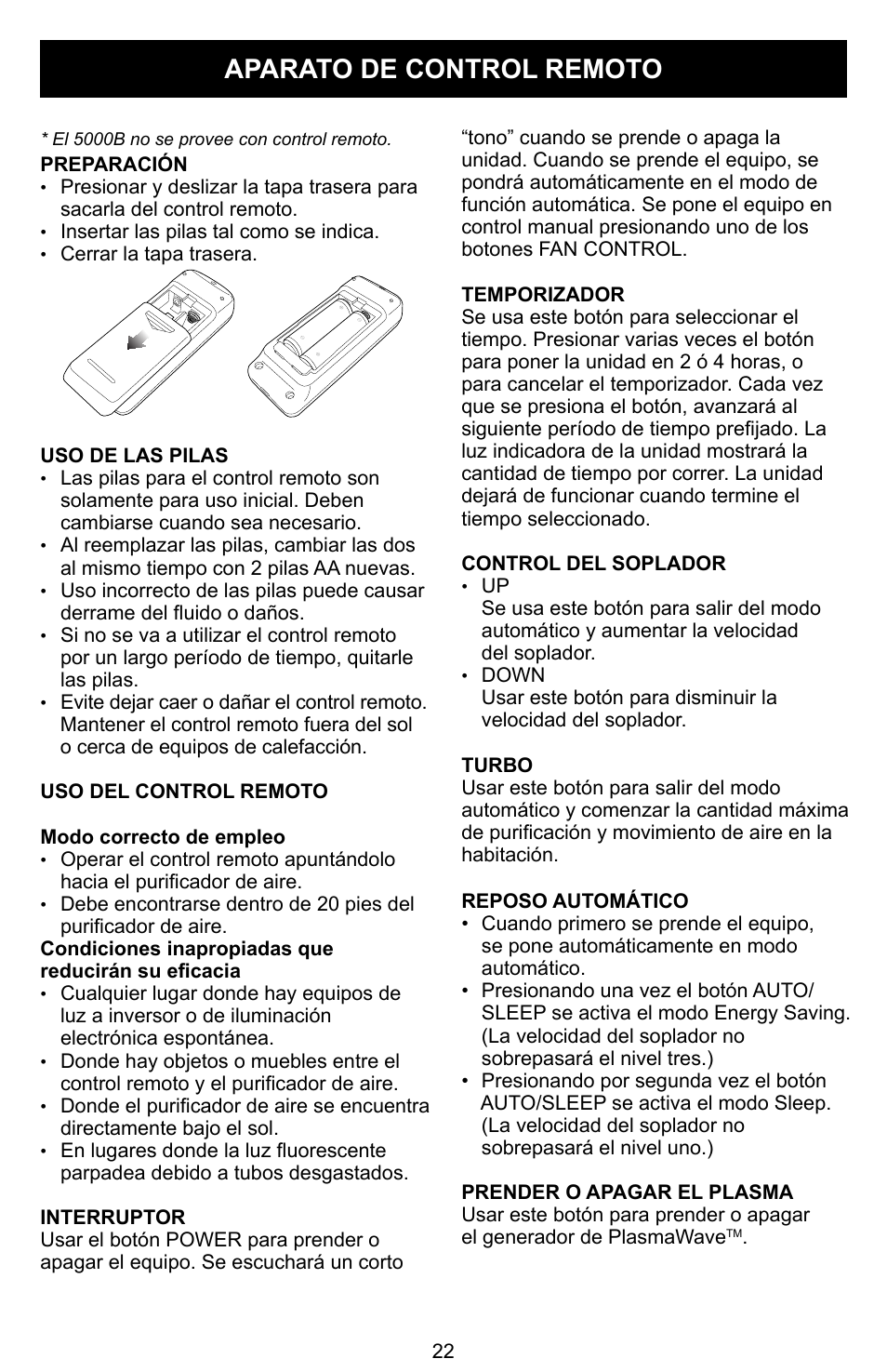 Aparato de control remoto | Winix Air Cleaner User Manual | Page 23 / 28