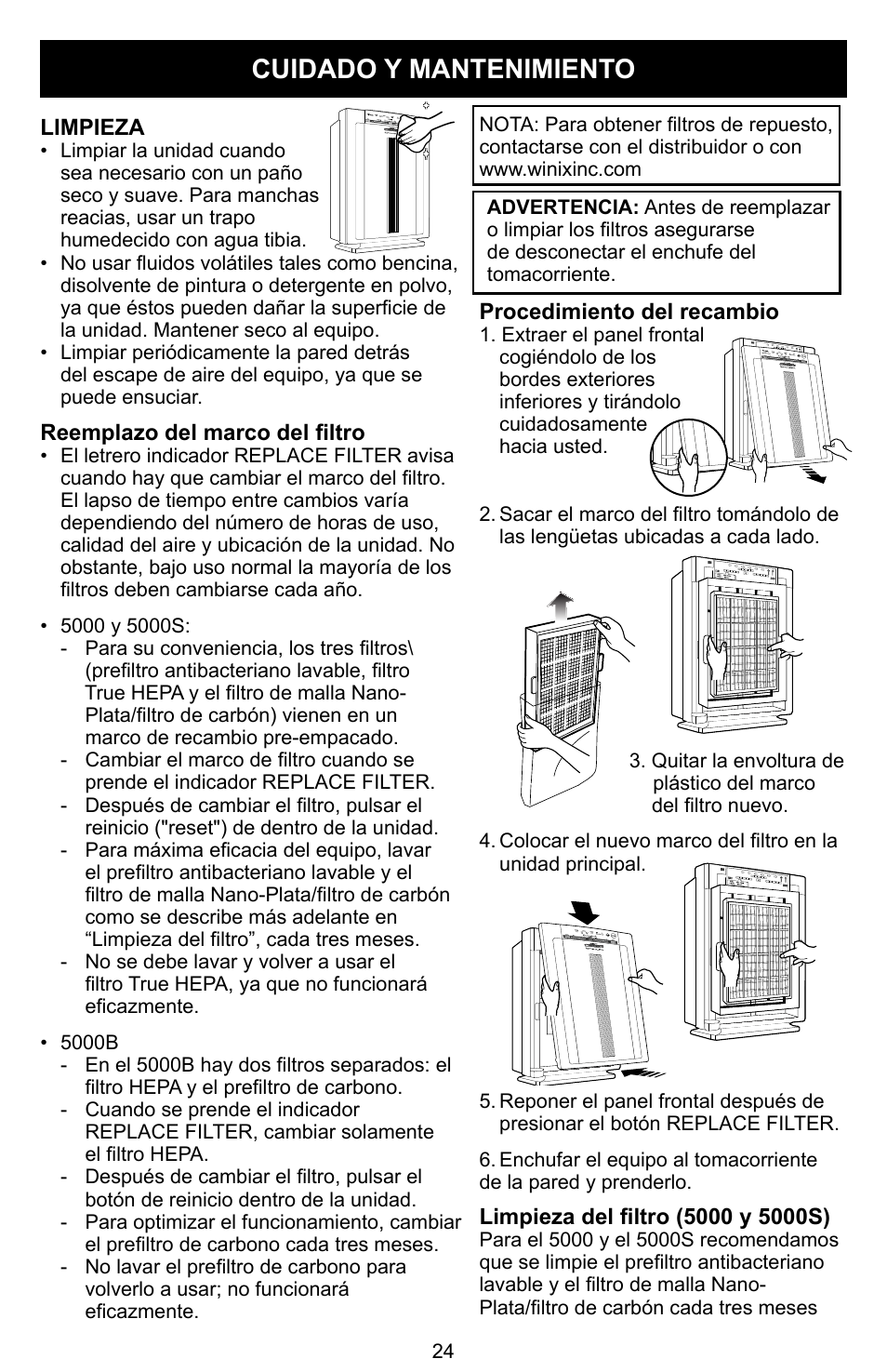 Cuidado y mantenimiento | Winix Air Cleaner User Manual | Page 25 / 28