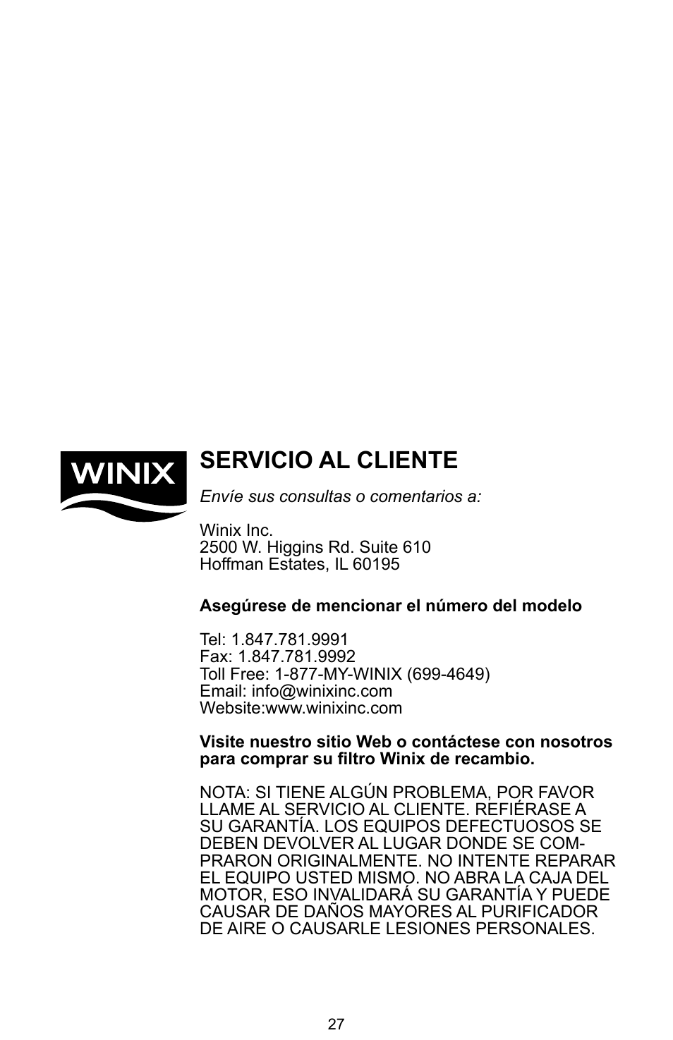 Servicio al cliente | Winix Air Cleaner User Manual | Page 28 / 28