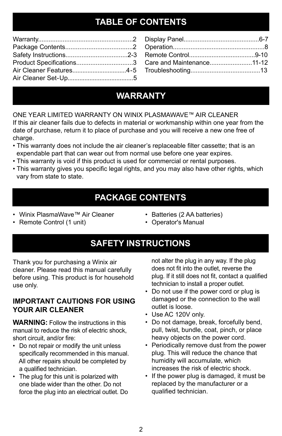 Winix Air Cleaner User Manual | Page 3 / 28