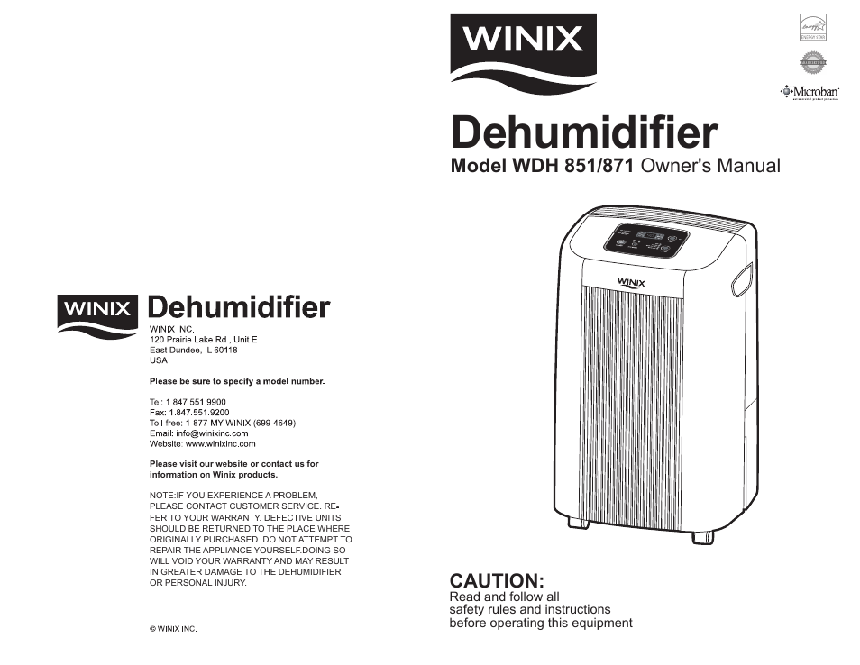 Winix Winx Dehumidifer 871 User Manual | 6 pages