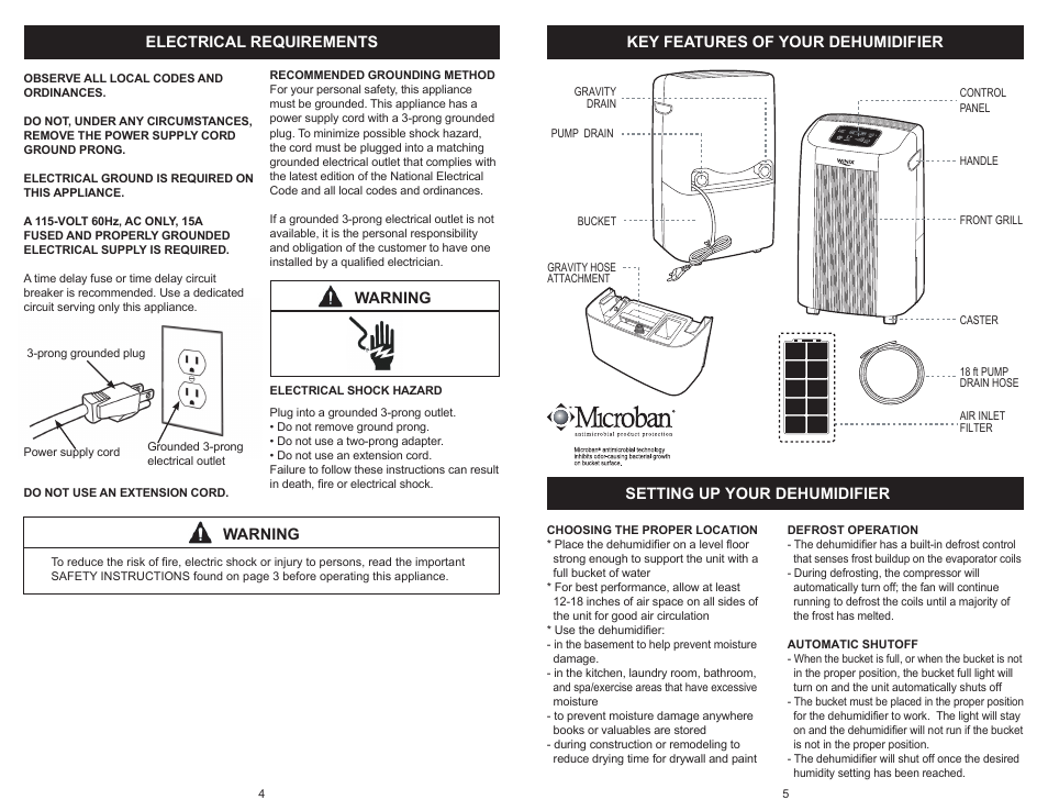 Electrical requirements, Warning | Winix Winx Dehumidifer 871 User Manual | Page 3 / 6