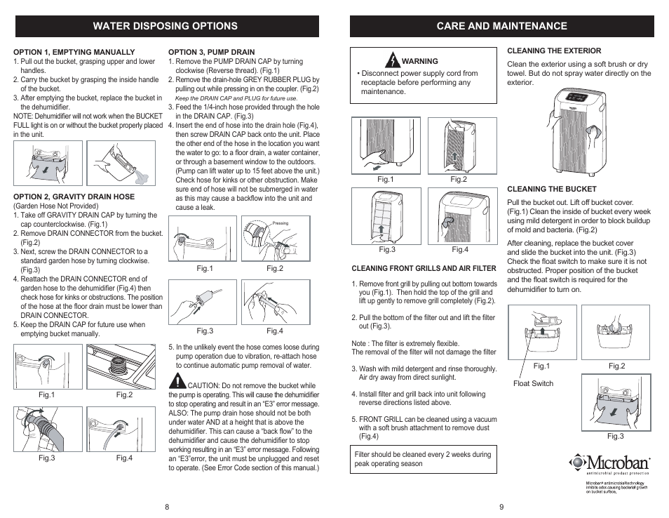 Care and maintenance, Water disposing options | Winix Winx Dehumidifer 871 User Manual | Page 5 / 6