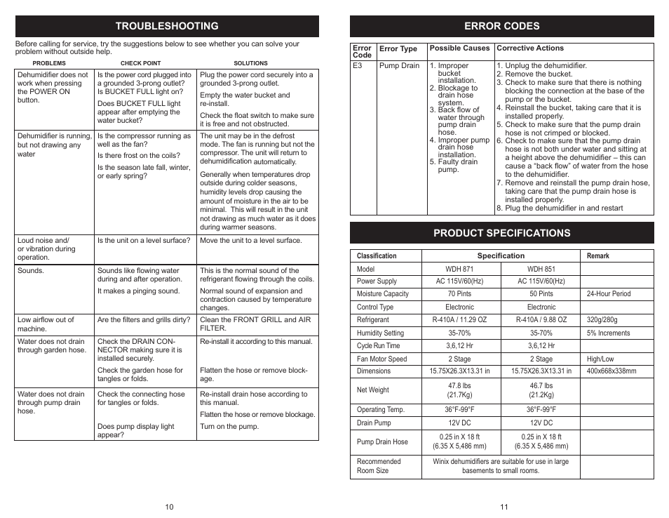 Product specifications error codes troubleshooting | Winix Winx Dehumidifer 871 User Manual | Page 6 / 6