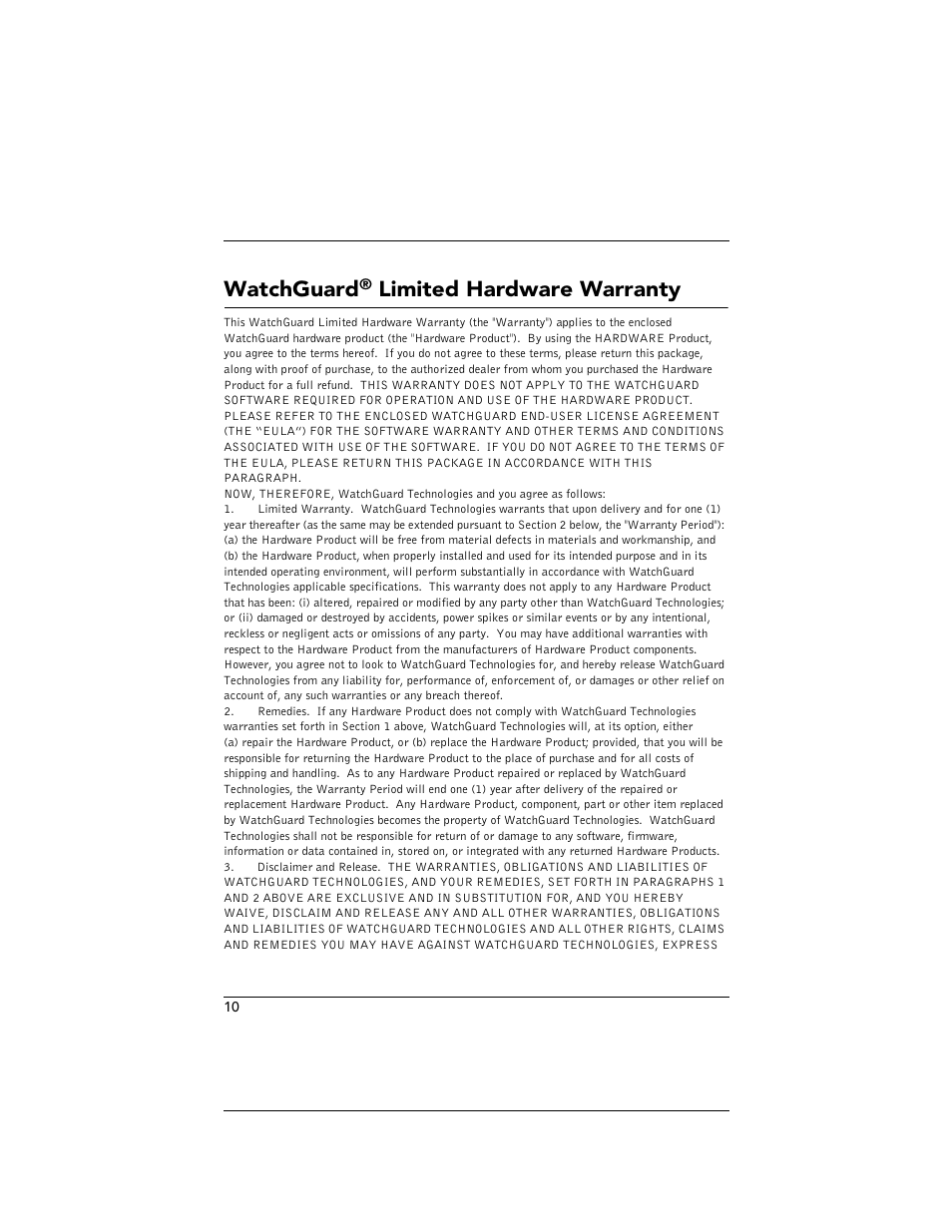Watchguard® limited hardware warranty, Watchguard, Limited hardware warranty | WatchGuard Technologies SOHO User Manual | Page 10 / 118