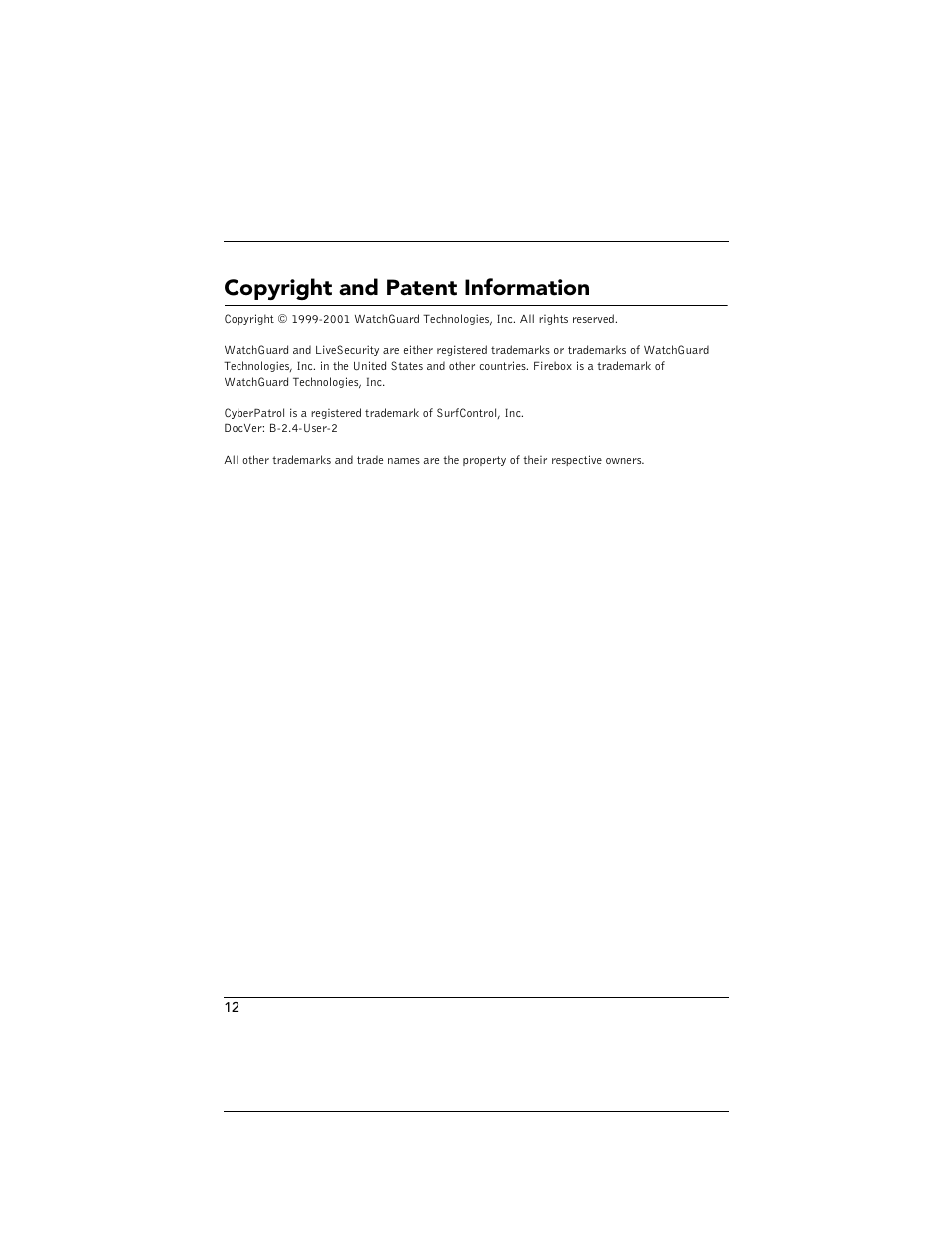 Copyright and patent information | WatchGuard Technologies SOHO User Manual | Page 12 / 118