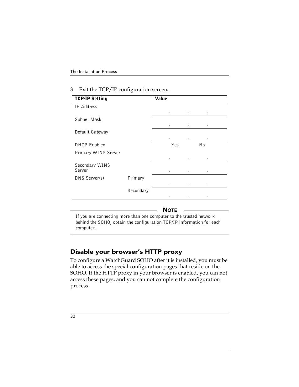 Disable your browser’s http proxy | WatchGuard Technologies SOHO User Manual | Page 30 / 118