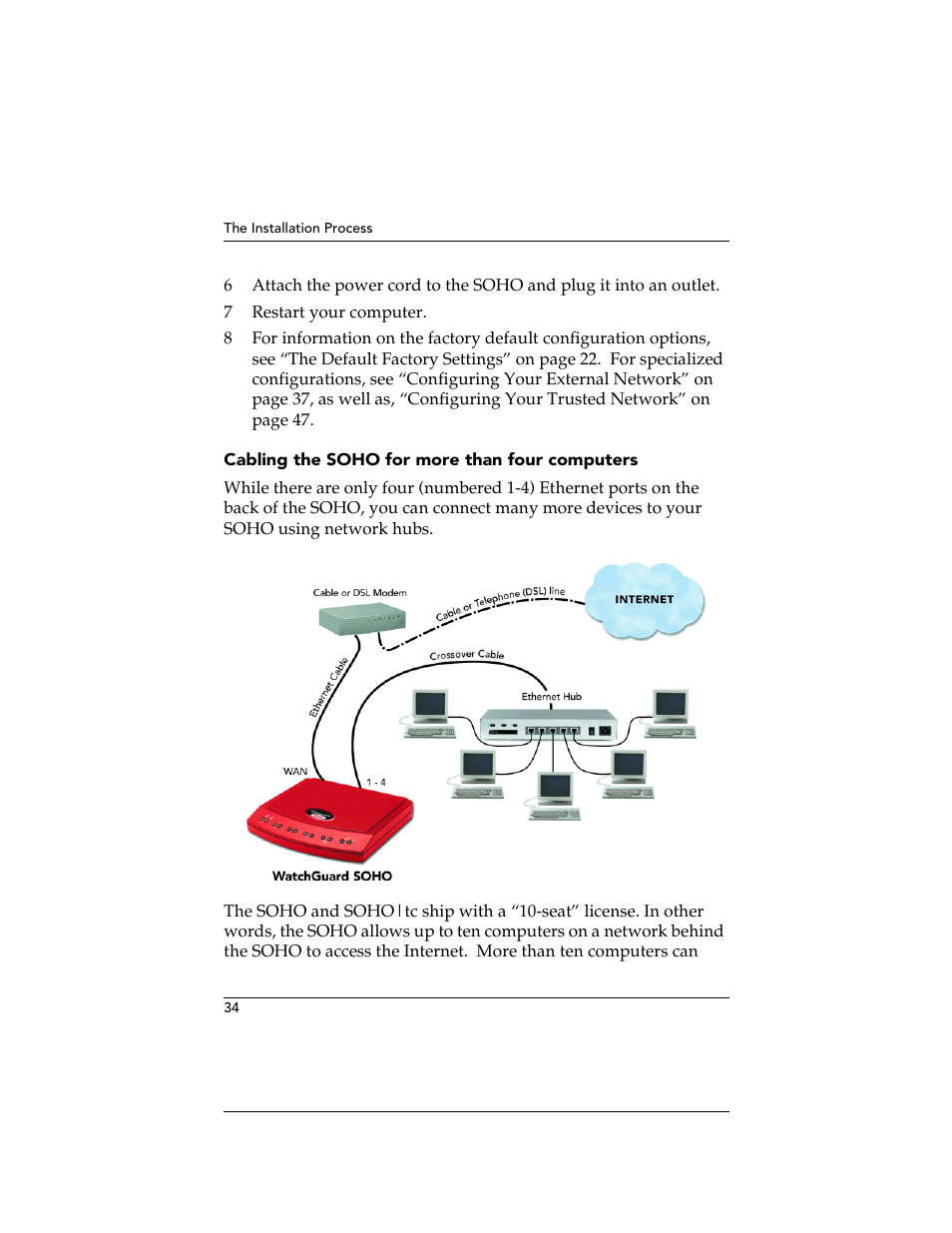 Cabling the soho for more than four computers | WatchGuard Technologies SOHO User Manual | Page 34 / 118