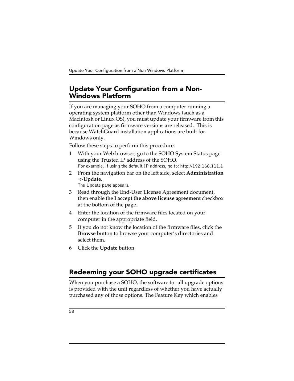 Redeeming your soho upgrade certificates, Update your configuration from a non-windows, Platform | WatchGuard Technologies SOHO User Manual | Page 58 / 118