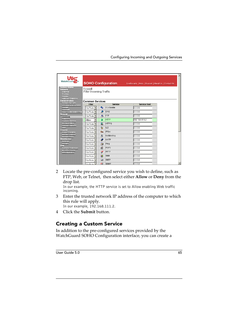 Creating a custom service | WatchGuard Technologies SOHO User Manual | Page 65 / 118