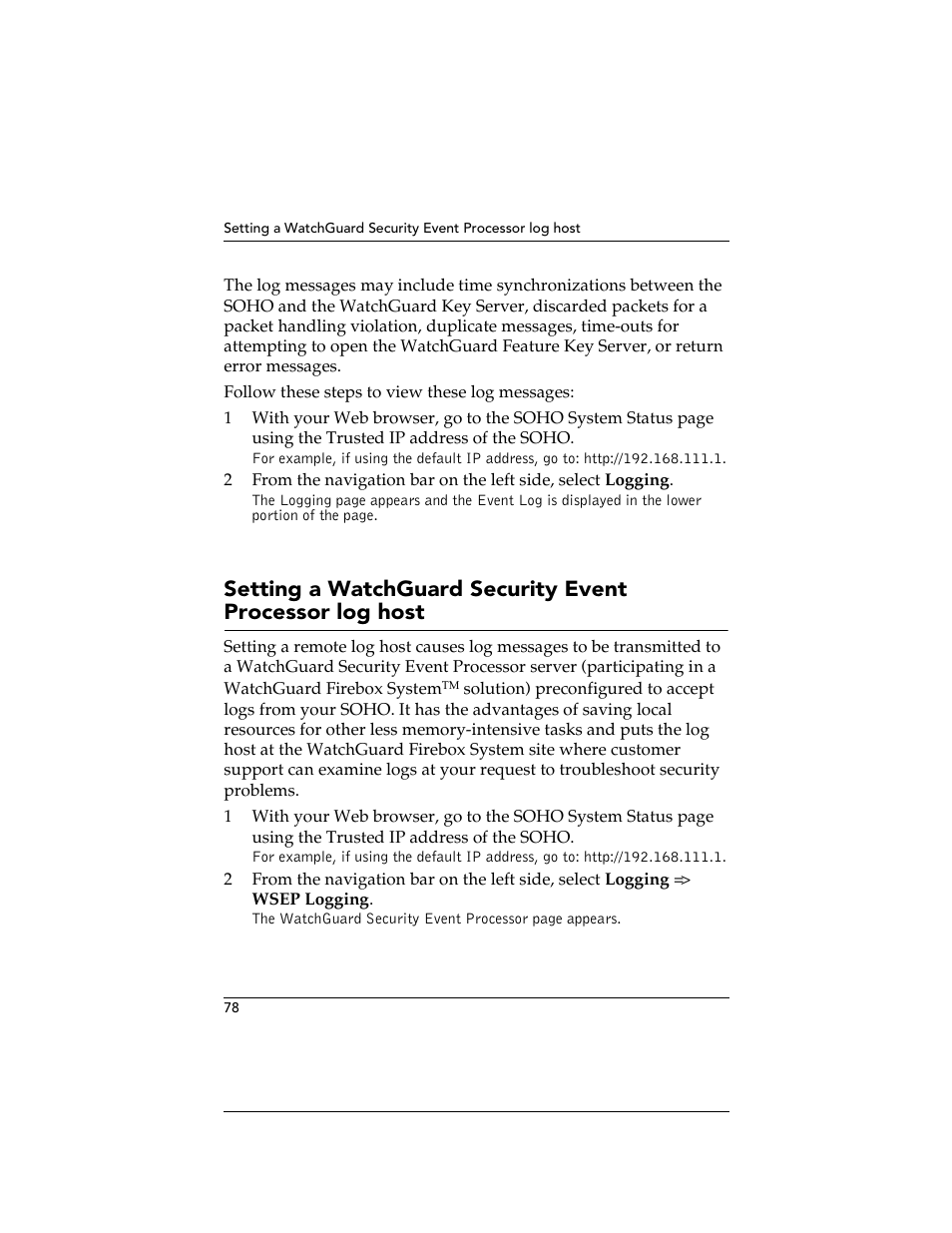 Setting a watchguard security event processor log, Host | WatchGuard Technologies SOHO User Manual | Page 78 / 118