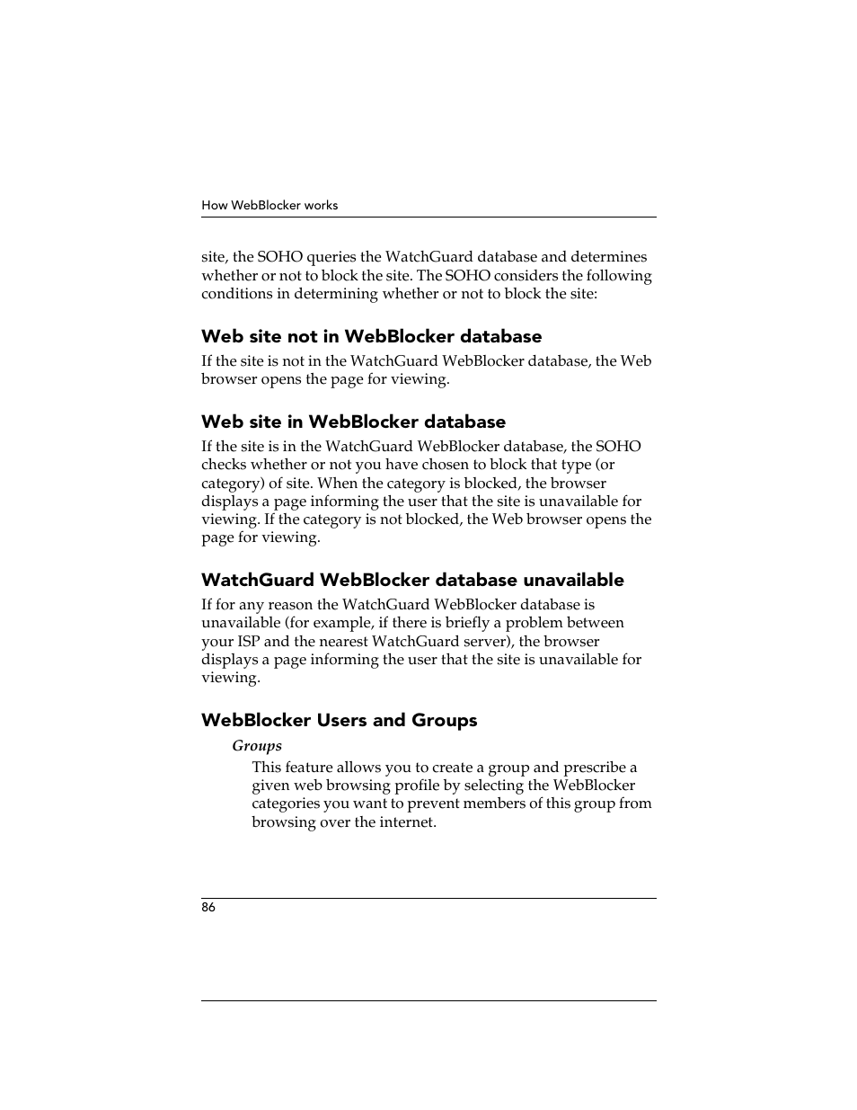 Web site not in webblocker database, Web site in webblocker database, Watchguard webblocker database unavailable | Webblocker users and groups | WatchGuard Technologies SOHO User Manual | Page 86 / 118