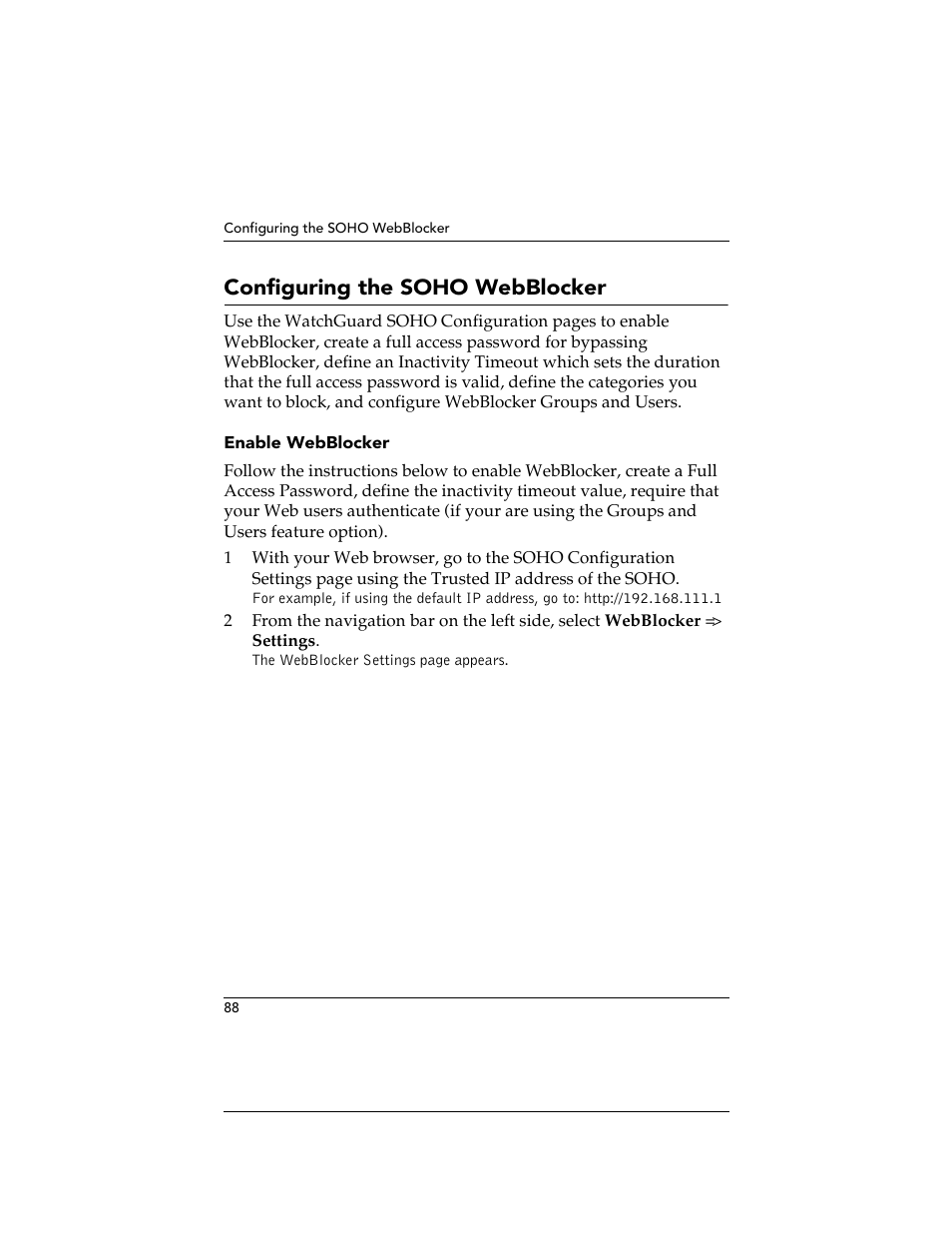 Configuring the soho webblocker, Enable webblocker | WatchGuard Technologies SOHO User Manual | Page 88 / 118
