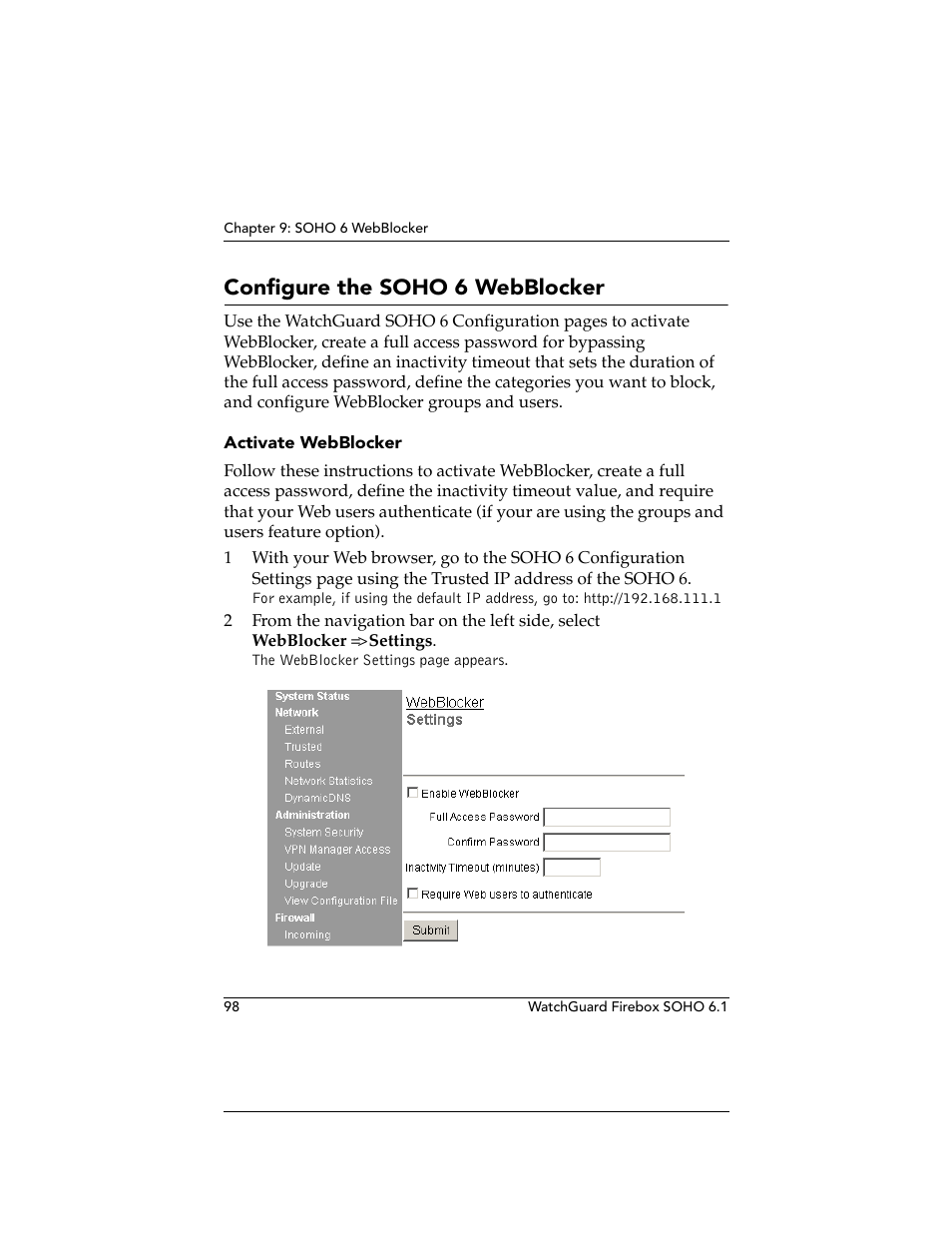 Configure the soho6 webblocker, Configure the soho 6 webblocker | WatchGuard Technologies WatchGuard Firebox SOHO 6 User Manual | Page 116 / 140