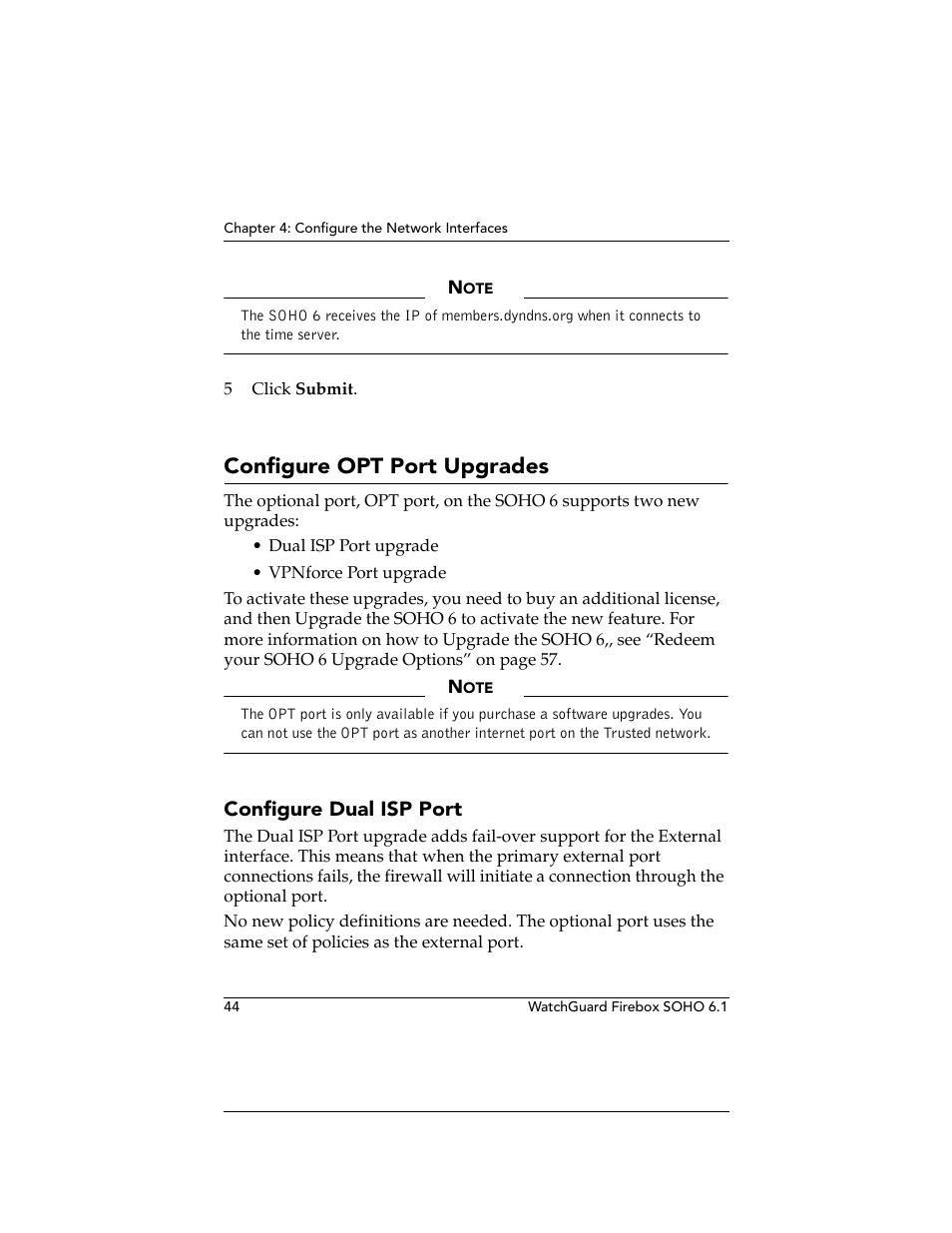 Configure opt port upgrades, Configure dual isp port | WatchGuard Technologies WatchGuard Firebox SOHO 6 User Manual | Page 62 / 140