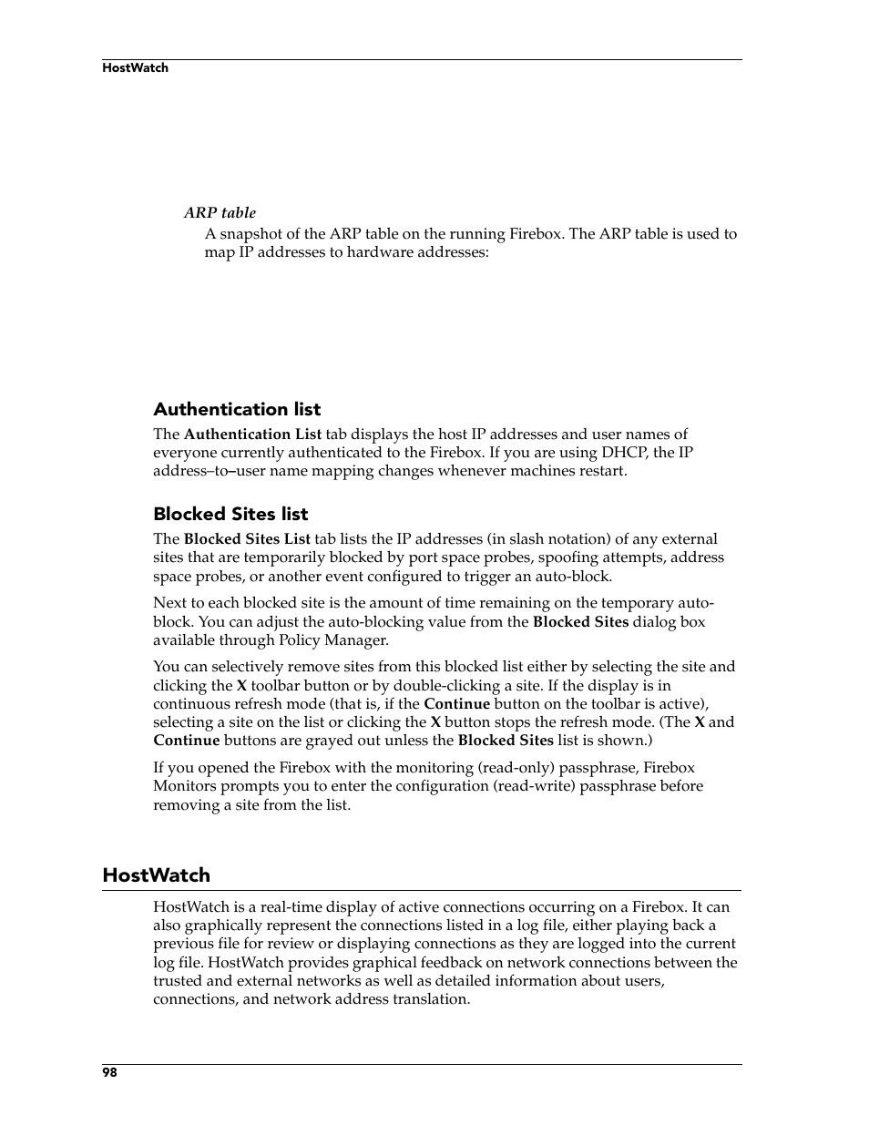 Hostwatch, Authentication list, Blocked sites list | WatchGuard Technologies FireboxTM System 4.6 User Manual | Page 108 / 170