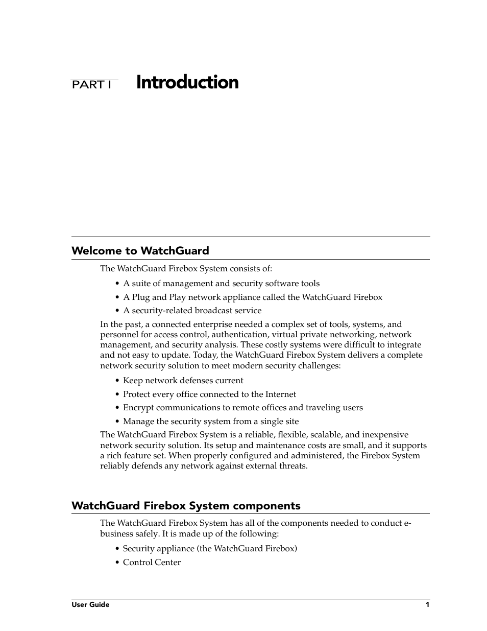 Part i introduction, Welcome to watchguard, Watchguard firebox system components | Ntroduction welcome to watchguard, Introduction | WatchGuard Technologies FireboxTM System 4.6 User Manual | Page 11 / 170