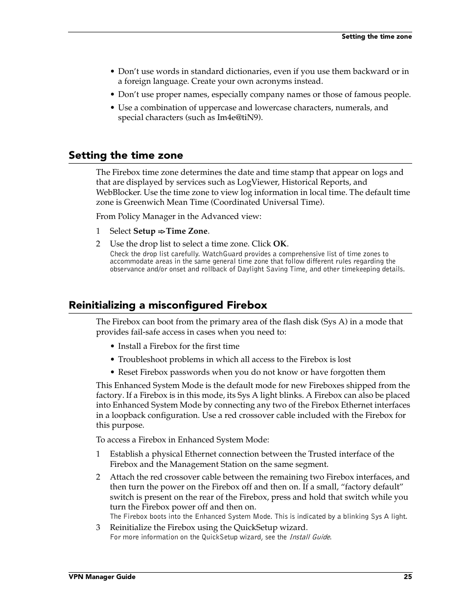 Setting the time zone, Reinitializing a misconfigured firebox | WatchGuard Technologies FireboxTM System 4.6 User Manual | Page 35 / 170