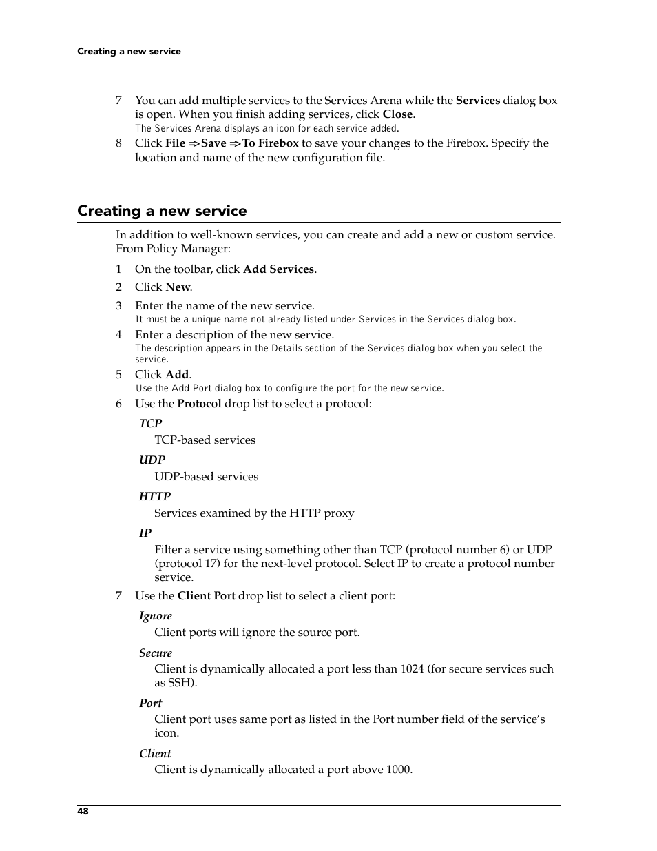 Creating a new service | WatchGuard Technologies FireboxTM System 4.6 User Manual | Page 58 / 170
