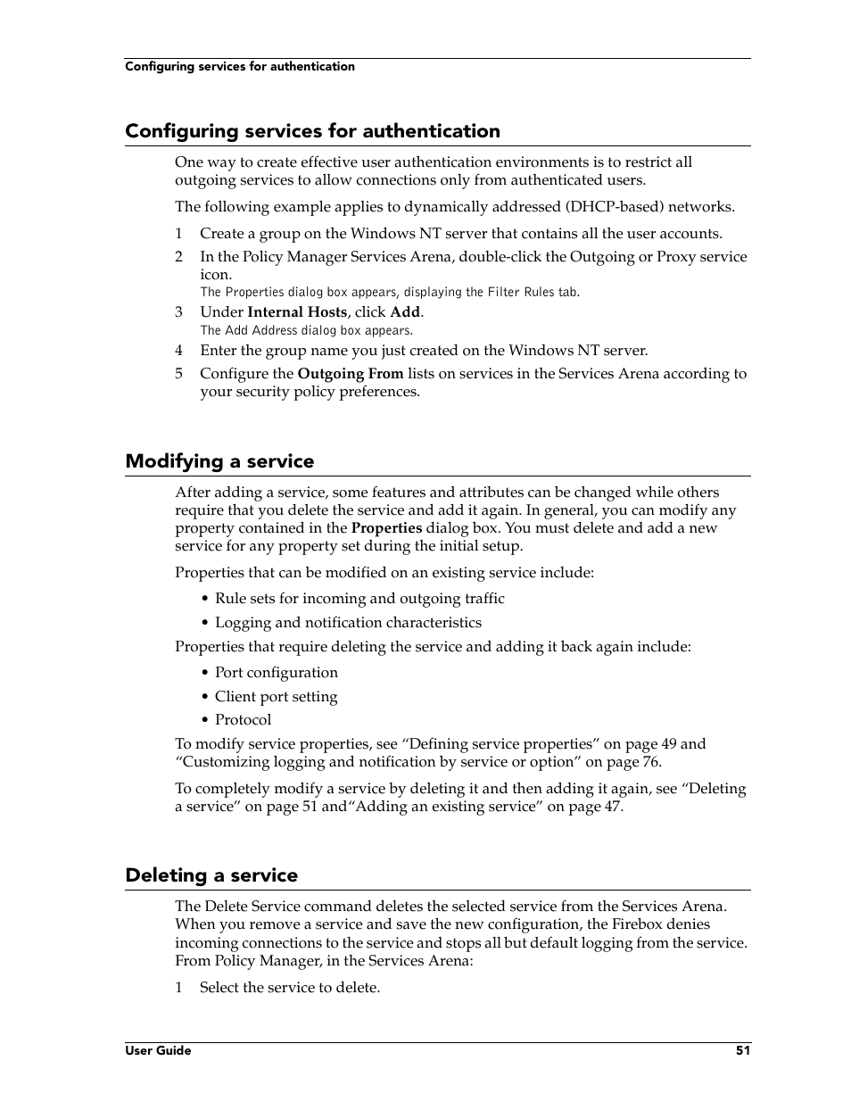 Configuring services for authentication, Modifying a service, Deleting a service | WatchGuard Technologies FireboxTM System 4.6 User Manual | Page 61 / 170