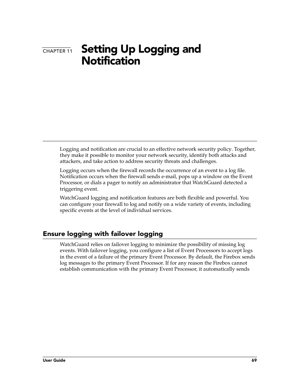 Chapter 11 setting up logging and notification, Ensure logging with failover logging, Chapter 11 | Setting up logging and notification | WatchGuard Technologies FireboxTM System 4.6 User Manual | Page 79 / 170