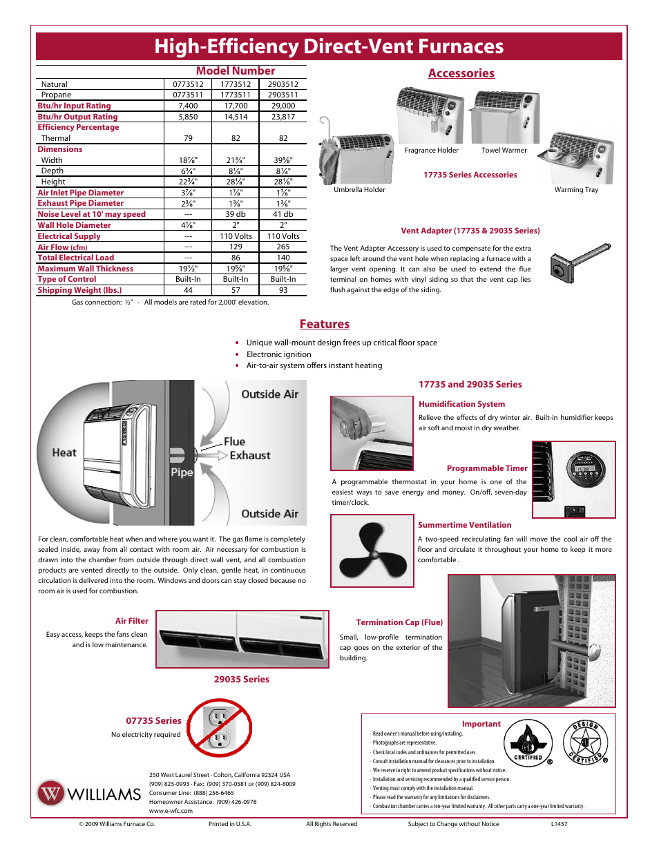 Sheet2, High-efficiency direct-vent furnaces, Accessories | Features, Model number | Williams 0773512 User Manual | Page 2 / 2