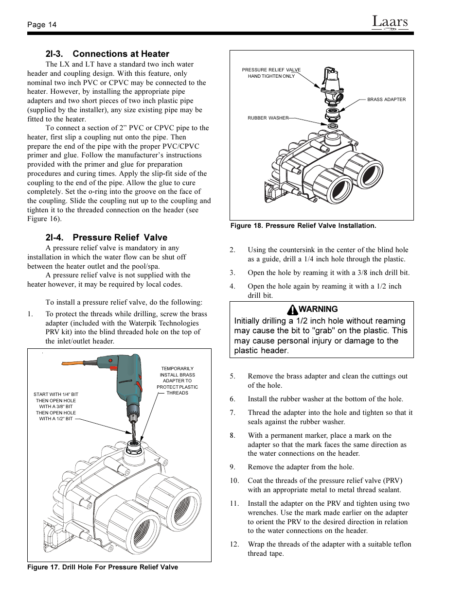2i-3. connections at heater, 2i-4. pressure relief valve | Waterpik Technologies pool/spa heater User Manual | Page 16 / 32