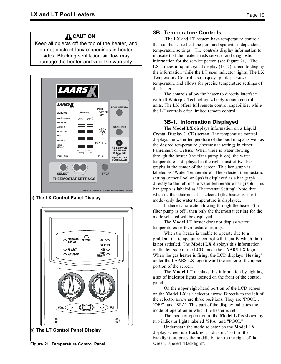 Laars, Lx and lt pool heaters, 3b. temperature controls | 3b-1. information displayed, Caution | Waterpik Technologies pool/spa heater User Manual | Page 21 / 32