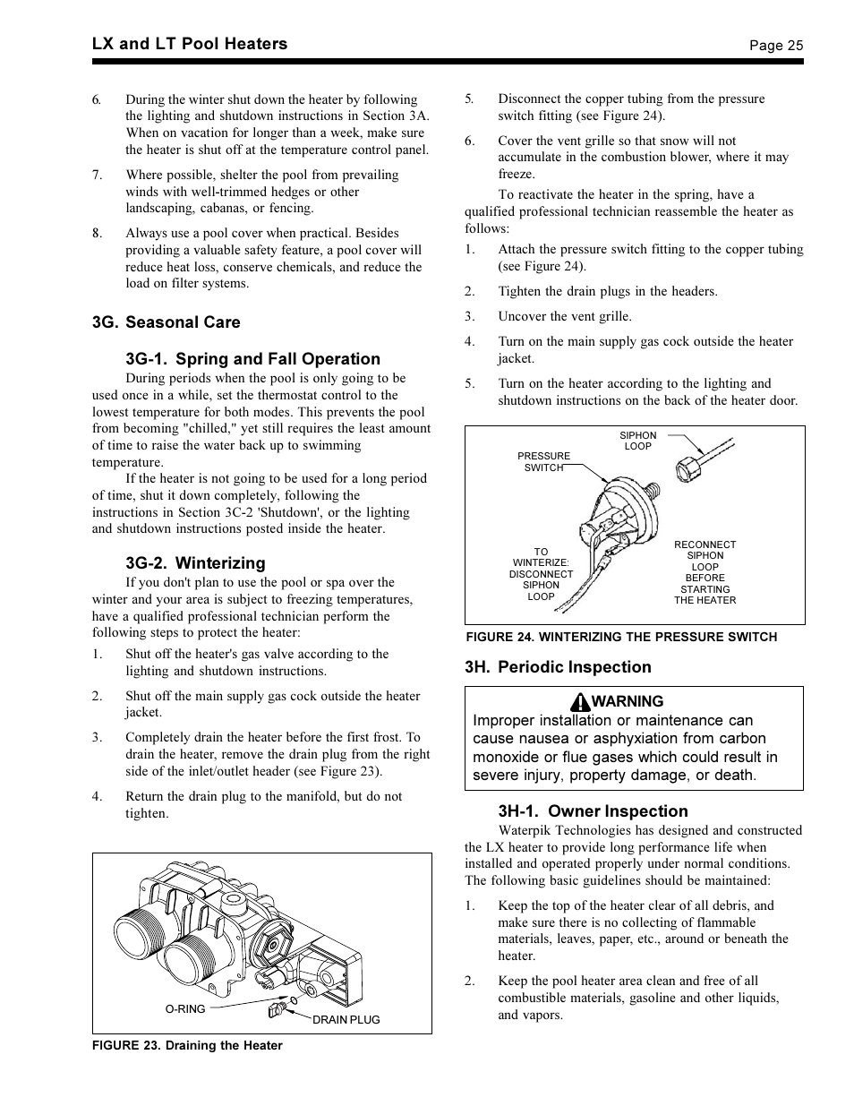 Lx and lt pool heaters, 3g. seasonal care 3g-1. spring and fall operation, 3g-2. winterizing | 3h. periodic inspection, 3h-1. owner inspection | Waterpik Technologies pool/spa heater User Manual | Page 27 / 32