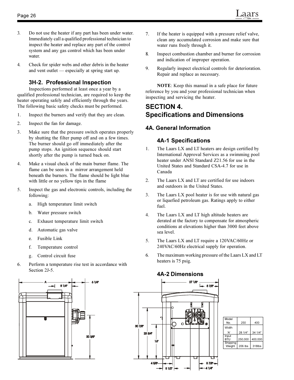 3h-2. professional inspection, 4a. general information 4a-1 specifications, 4a-2 dimensions | Waterpik Technologies pool/spa heater User Manual | Page 28 / 32