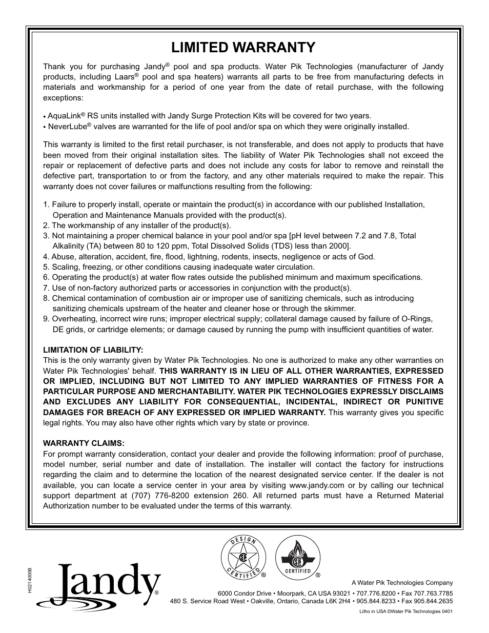 Limited warranty | Waterpik Technologies pool/spa heater User Manual | Page 32 / 32
