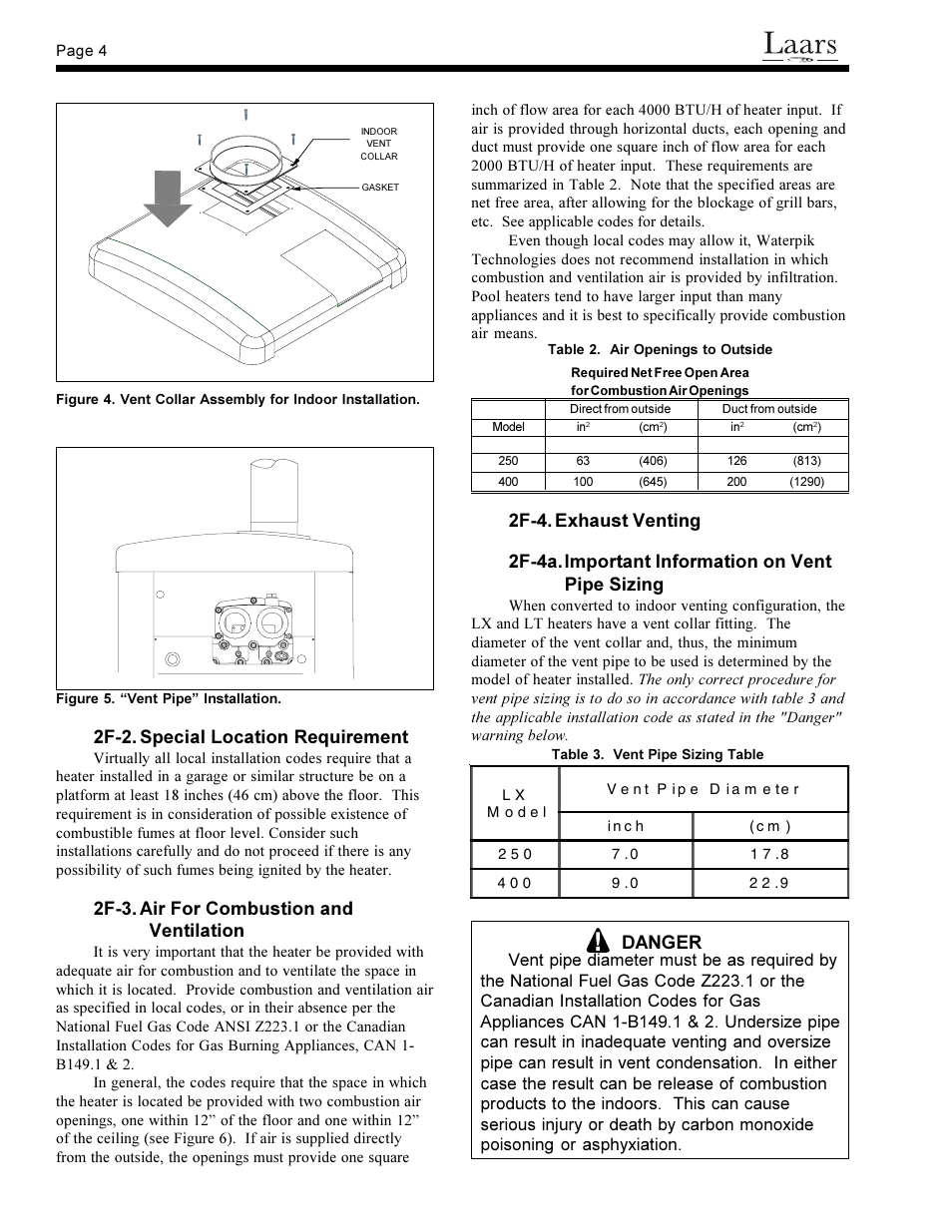 2f-2. special location requirement, 2f-3. air for combustion and ventilation, Danger | Waterpik Technologies pool/spa heater User Manual | Page 6 / 32