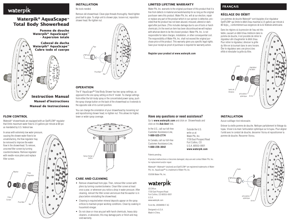 Waterpik Technologies Total Body Showerhead AquaScape User Manual | 2 pages