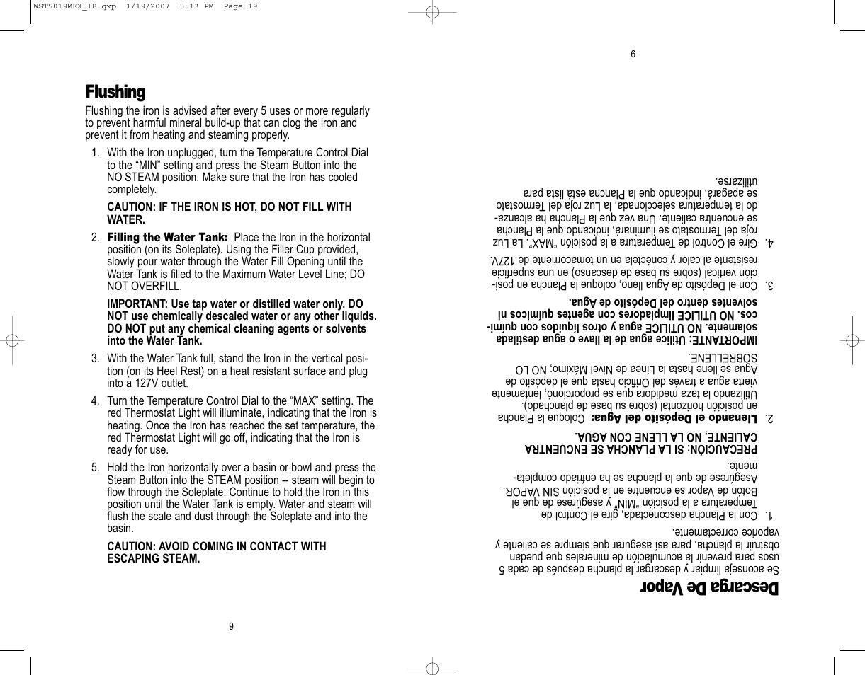 Descarga de v apor, Flushing | Westinghouse WST5019MEX User Manual | Page 10 / 12