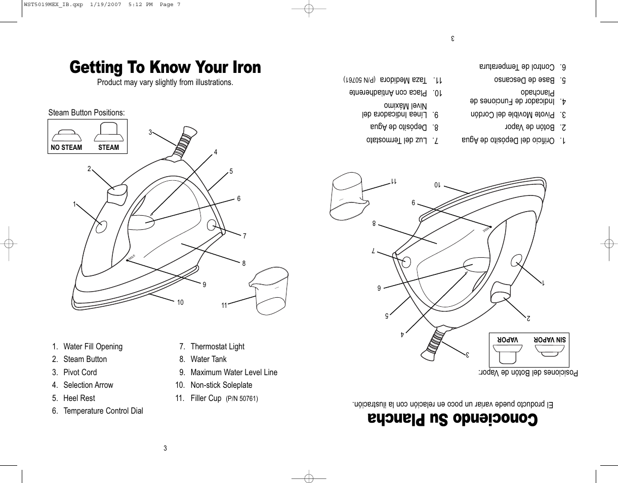 Getting to know your iron, Conociendo su plancha | Westinghouse WST5019MEX User Manual | Page 4 / 12