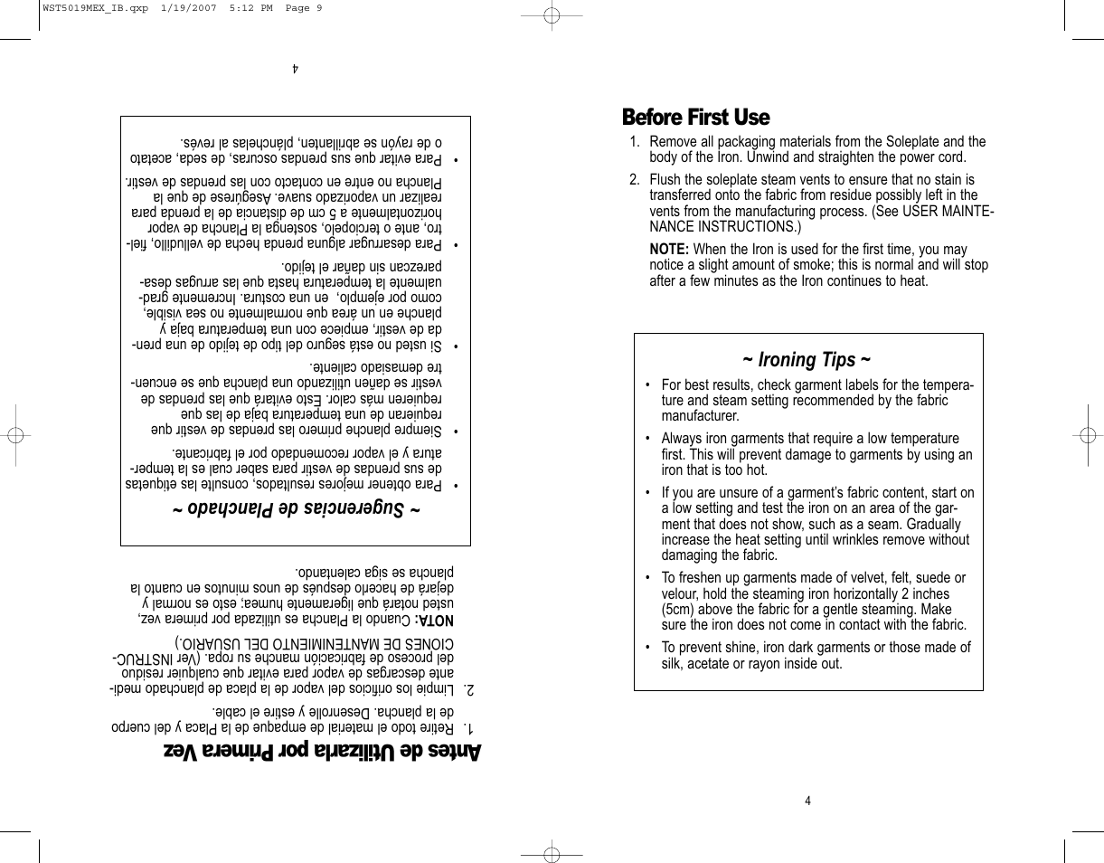 Antes de utilizarla por primer a v ez, Before first use, Ironing tips | Sugerencias de planchado | Westinghouse WST5019MEX User Manual | Page 5 / 12