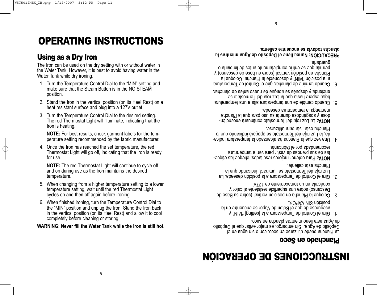 Operating instructions, Instrucciones de opera ción, Planchado en seco | Using as a dry iron | Westinghouse WST5019MEX User Manual | Page 6 / 12