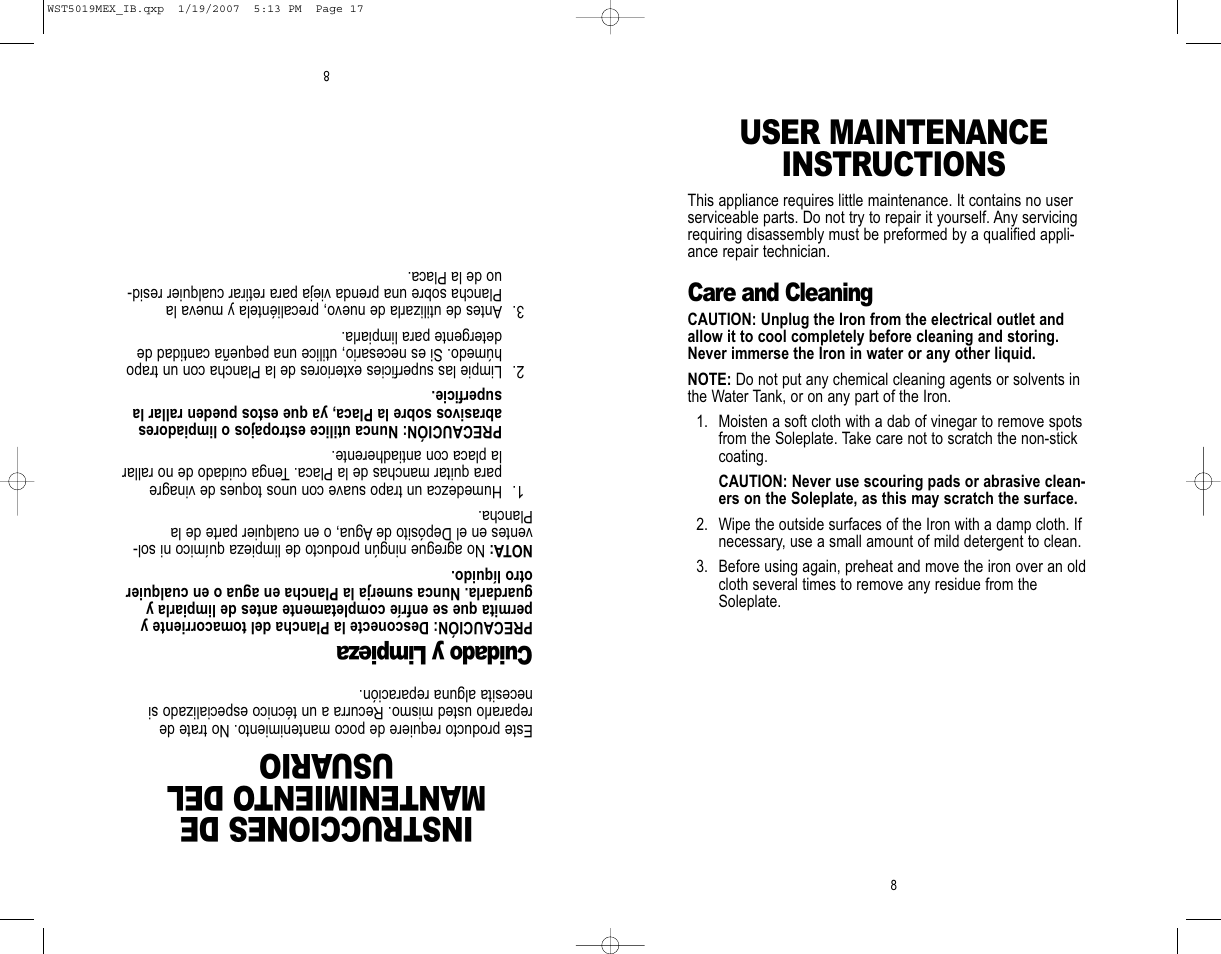 Instrucciones de mantenimiento del usuario, User maintenance instructions, Cuidado y limpieza | Care and cleaning | Westinghouse WST5019MEX User Manual | Page 9 / 12