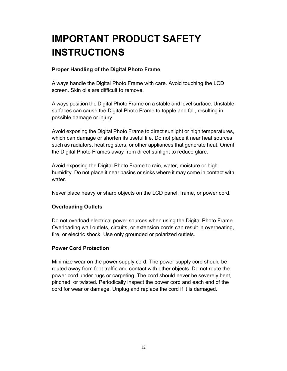 Important product safety instructions | Westinghouse DPF-0701 User Manual | Page 13 / 18