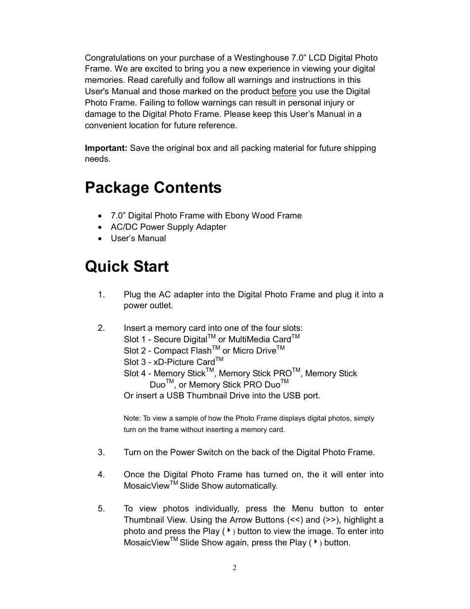 Package contents, Quick start | Westinghouse DPF-0701 User Manual | Page 3 / 18