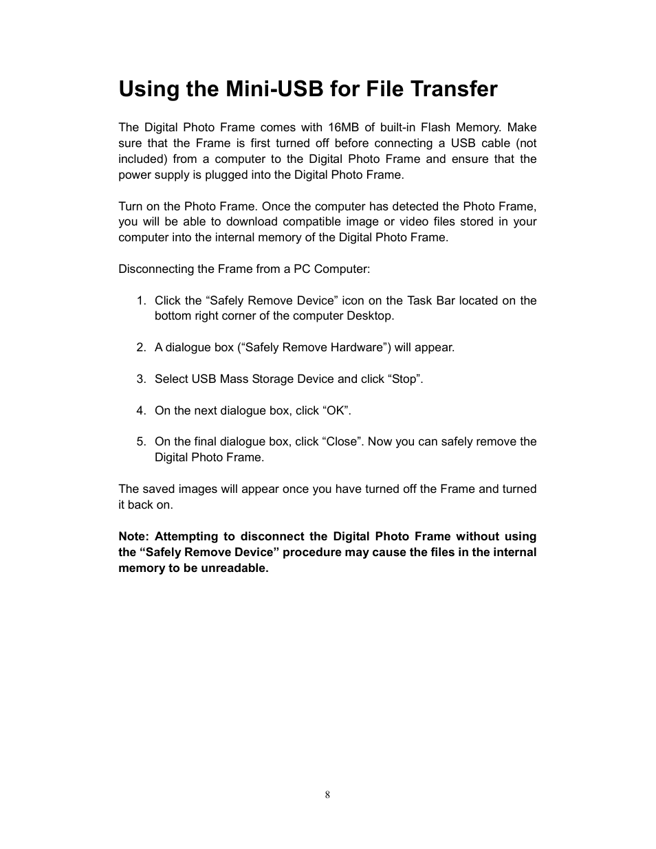 Using the mini-usb for file transfer | Westinghouse DPF-0701 User Manual | Page 9 / 18