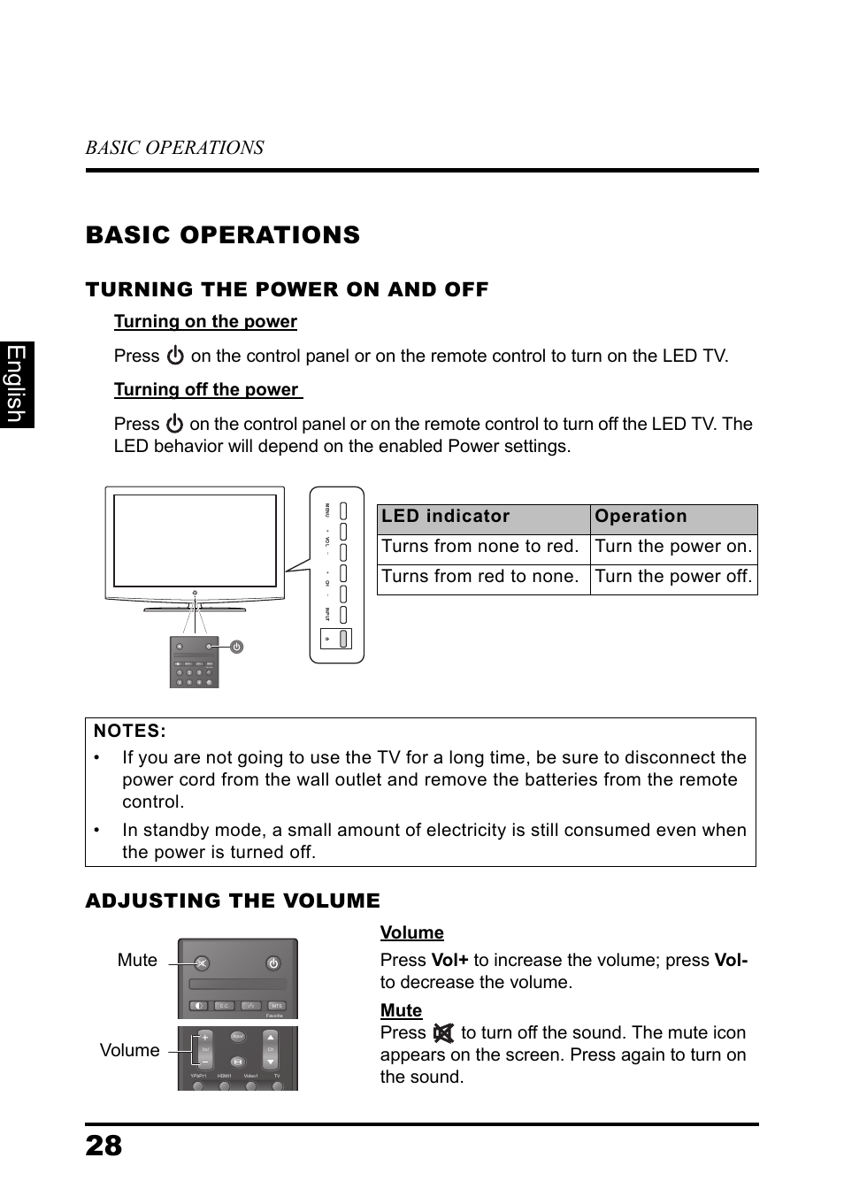 Basic operations, Turning the power on and off, Adjusting the volume | English basic operations, Mute volume | Westinghouse DIGITAL TELEVISION LD-3237 User Manual | Page 33 / 66