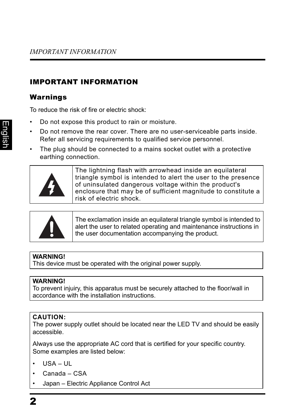 Important information, Warnings, English | Westinghouse DIGITAL TELEVISION LD-3237 User Manual | Page 6 / 66