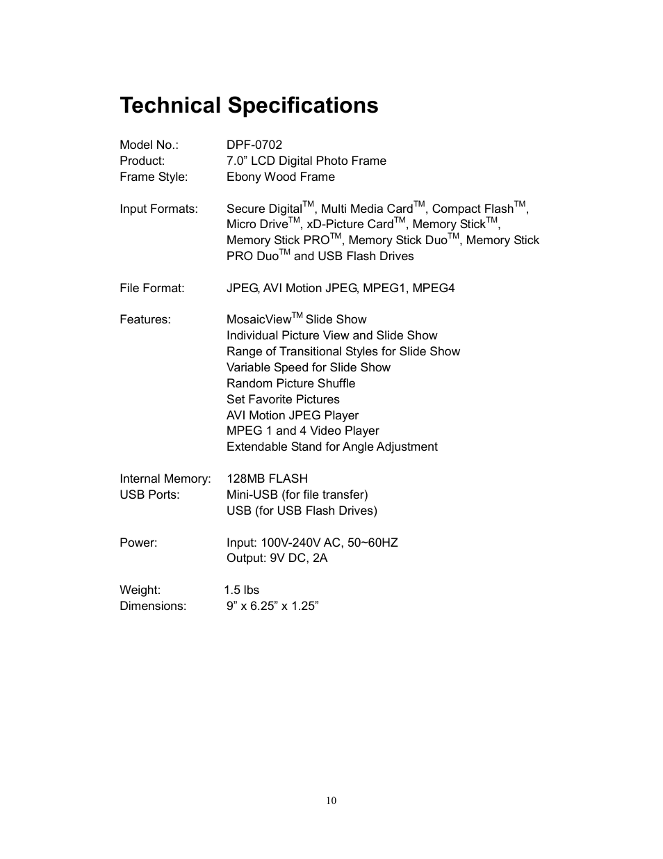 Technical specifications | Westinghouse DPF-0702 User Manual | Page 11 / 48